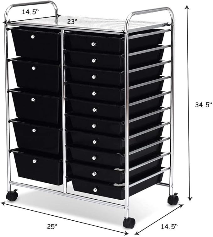 COSTWAY 15 Drawer Rolling Storage Cart, Mobile Utility Cart with Lockable Wheels, Drawers, Multipurpose Organizer Cart for Home, Office, School, Black