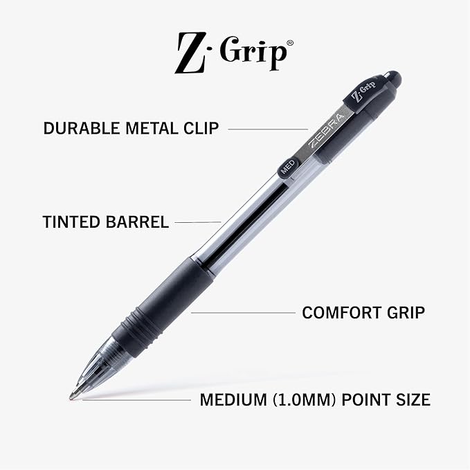Zebra Pen Z-Grip Retractable Ballpoint Pen, 1.0mm Medium Point, Assorted Business Colors, School & Office Supplies, Ideal for Note-Taking, Journal and Planner Use, 24-Pack (12224)