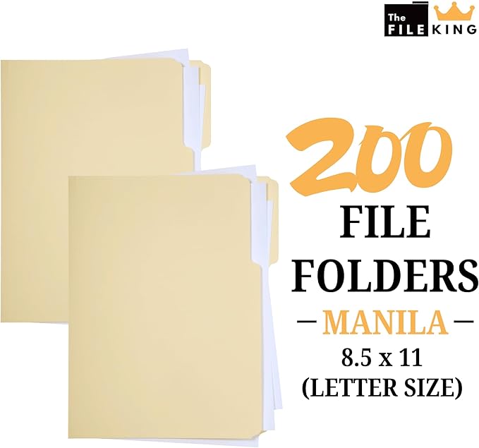 The File King 1/3 Cut File Folders Letter Size - 200 Bulk Pack | Manilla Folders 8.5 x 11 | Assorted 3 Tabs | Heavy Duty 11-Point Fiber | Made in USA | Undercut Front for Easy Labeling & Organization