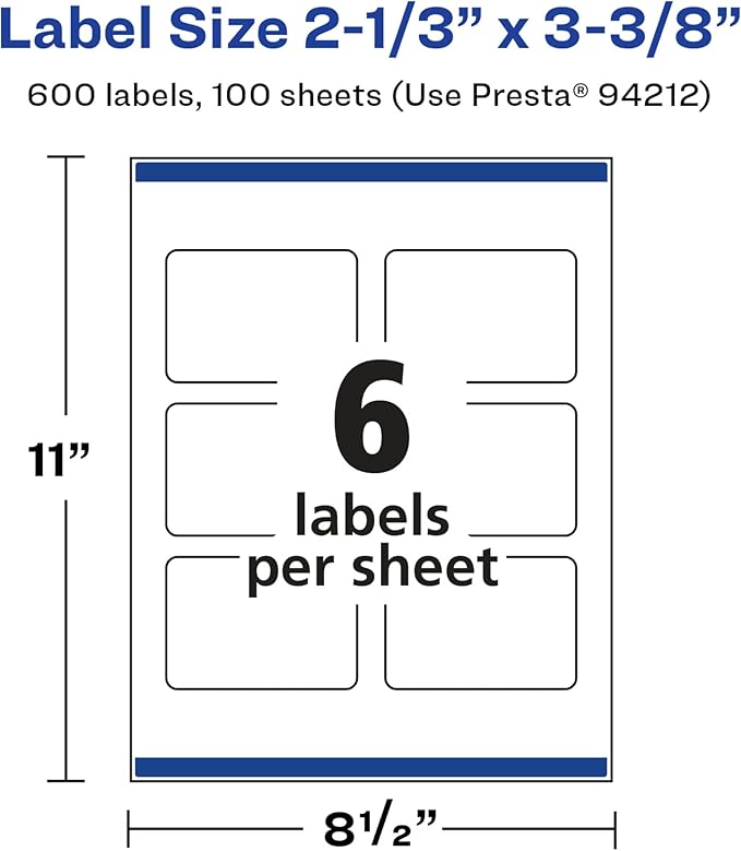 Avery Glossy White Rectangle Labels, Sure Feed Technology, 2-1/3" x 3-3/8", 600 Glossy White Labels, Print-to-The-Edge, Permanent Adhesive, Laser/Inkjet Printable