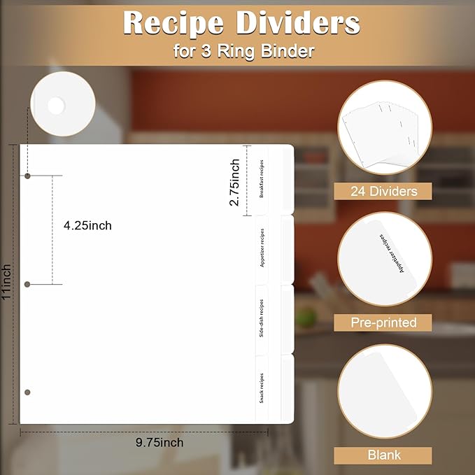 Recipe Dividers for 3 Ring Binder Set 9 3/4”×11” Black and Pre-Printed Recipe Binder Dividers Recipe Organizer Personalized Family Recipe Binder (24)