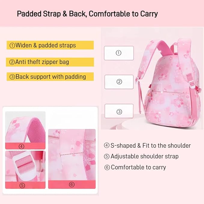 3Pcs Set Backpacks for Girls Teen, Cute Flowers School Bag Girls Bookbags with Lunch Box Pencil Bag, Multi-Pockets Kids Backpack for Elementary & Middle School, Purple