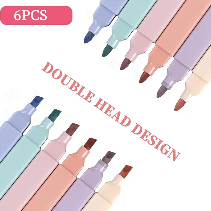6pcs Pastel Highlighters Aesthetic Cute Highlighters Double Head Highlighter Assorted Colors Soft Chisel Tip Marker for Diary Plan Notes