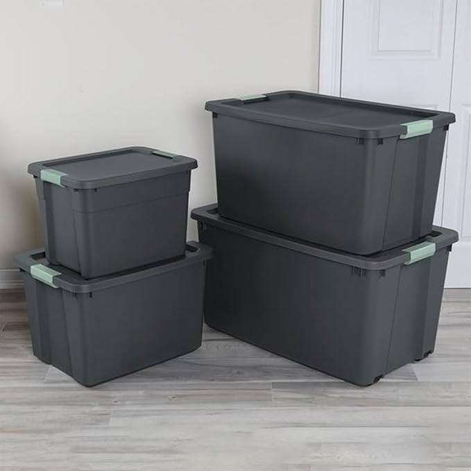 Sterilite 6 Pack 20 Gallon Latch Tote, Stackable Plastic Storage Bin Container, Gray/Green
