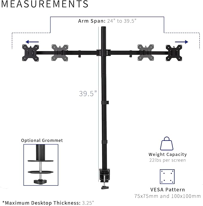 VIVO Premium Dual Ultra Wide LCD LED 27 to 38 inch Monitor Desk Mount, Heavy Duty C-clamp, Extra Tall Pole, Adjustable Telescoping Arms, Flush Wall Setup, Fits 2 Screens, Black, STAND-TS38C-T