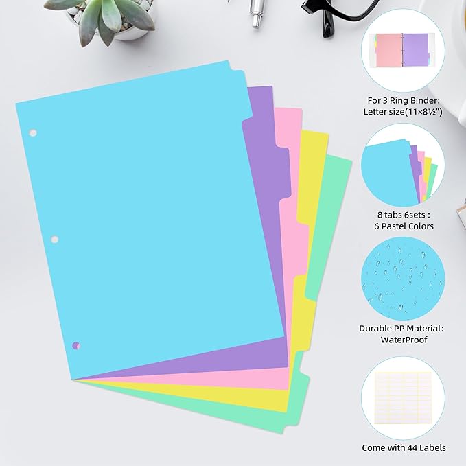 5 Tab Binder Dividers with Tabs,for 3 Ring Binder,Plastic File Dividers, Multicolor,Letter Size,3 Sets