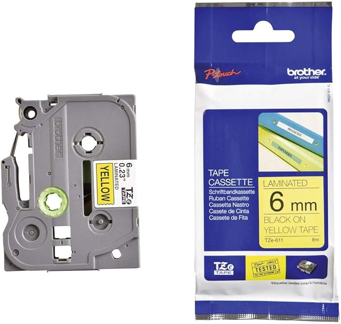 Brother TZe-611 Labelling Tape Cassette, Black on Yellow, 6 mm (W) x 8 m (L), Laminated, Brother Genuine Supplies