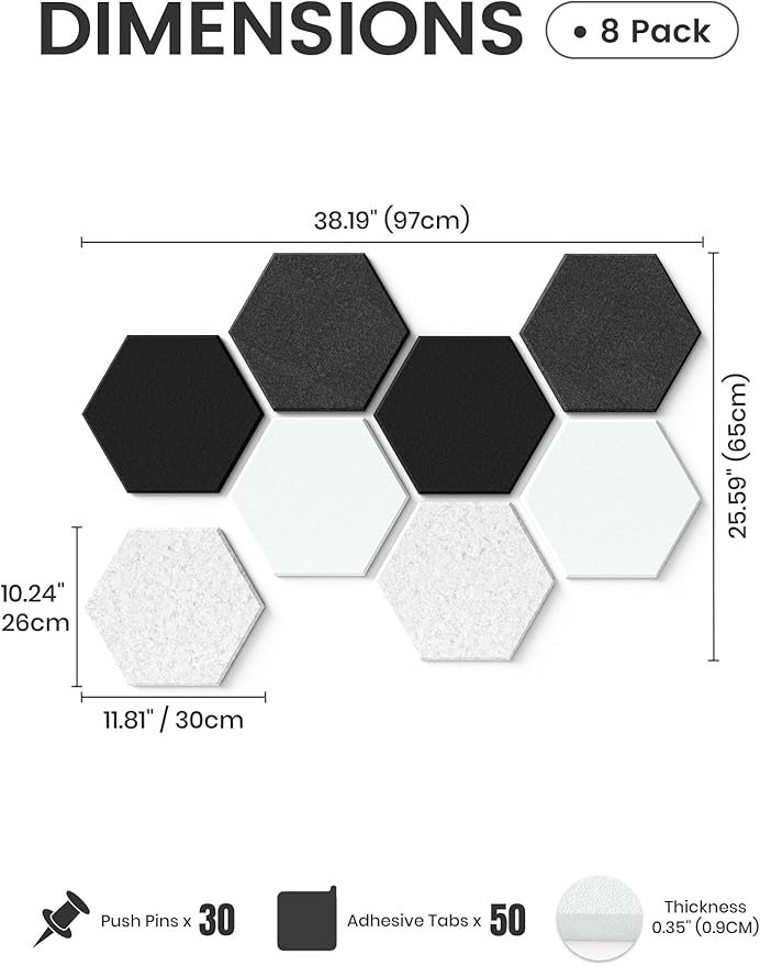 Fluxynara Hexagon Cork Board Alternative for Walls Decor-8-Pack Felt Bulletin Board Tiles,with 30 Pushpins,50 Adhesive Tabs for Office,Classrooms & Home Pin Board Felt Board-Concrete Echo