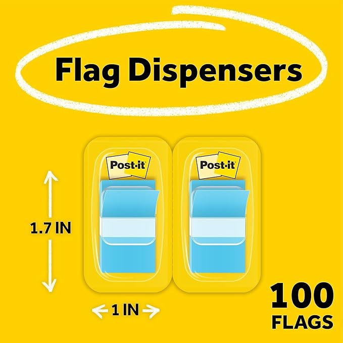 Post-it Flags, 1 in. x 1.7 in., Two Dispensers with 50-Count Blue Sticky Tabs Per Dispenser (100 Flags Total), Removable Page Markers for Planners, Journals, and Calendars
