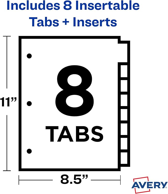 Avery Dividers for 3 Ring Binders, 8-Tab Plastic Binder Dividers Insertable Big Tabs, Multicolor, 1 Set (11901)