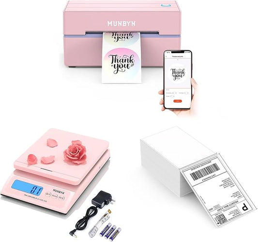 MUNBYN 130B Bluetooth Thermal Label Printer+Thermal Direct Shipping Label (Pack of 500 4x6 Fan-Fold Labels)+Shipping Scale, Accurate 66lb/0.1oz Postal Scale with Sweet Pink Style