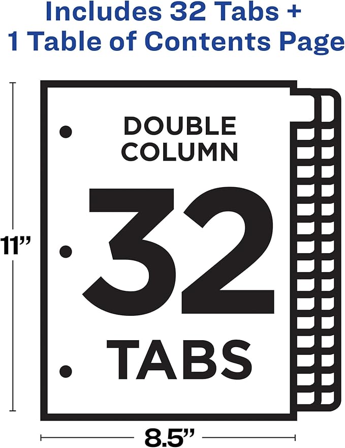 Avery Double Column Dividers for 3 Ring Binders, 32 Tabs per Set, Customizable Table of Contents, Multicolor Tabs, Great for Organizing Reports, Projects, and More (11322)