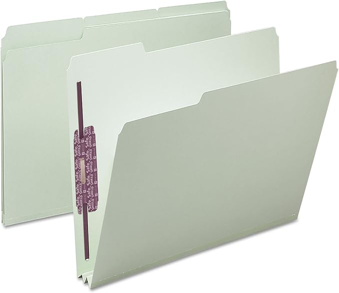 Smead Pressboard Fastener File Folder with SafeSHIELD Fasteners, 2 Fasteners, 1/3-Cut Tab, 2" Expansion, Letter Size, Gray/Green, 25 per Box (14934)