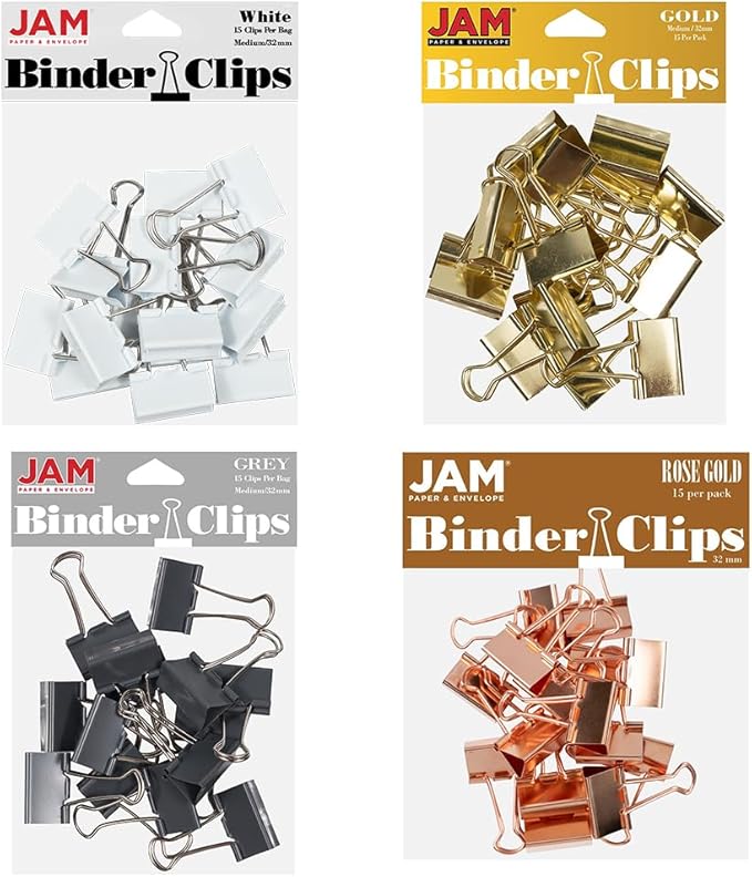 JAM PAPER Colorful Binder Clips Assortment - Medium - 1 1/4 Inch (32 mm) - Assorted Business Colors - 60 Binderclips/Pack