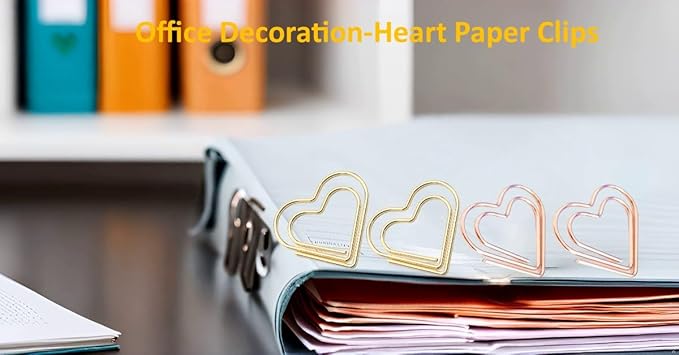 Metal Heart Paper Clips Set-50 Pcs Gold Paperclips- Cute Decorative Office & School Supplies, Ideal for Wedding & Parties Decor (Heart)