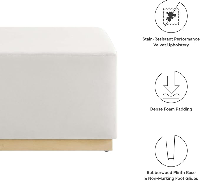 Modway Tilden 28 Inch Square Performance Velvet Upholstered Ottoman in Alabaster Natural - Large Ottoman Foot Rest with Rubberwood Plinth Base, Living Room Ottoman Coffee Table - Velvet Ottoman Table