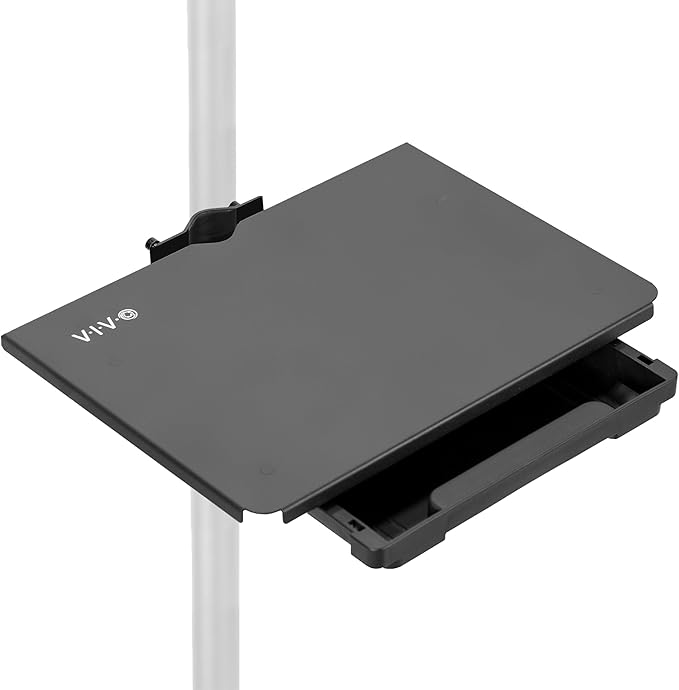 VIVO Steel 14 x 10 inch Pole Mount Shelf with Drawer for TV Cart, Speaker Stand, and More, Clamp-on Utility Storage Platform, Black, MOUNT-SF13D