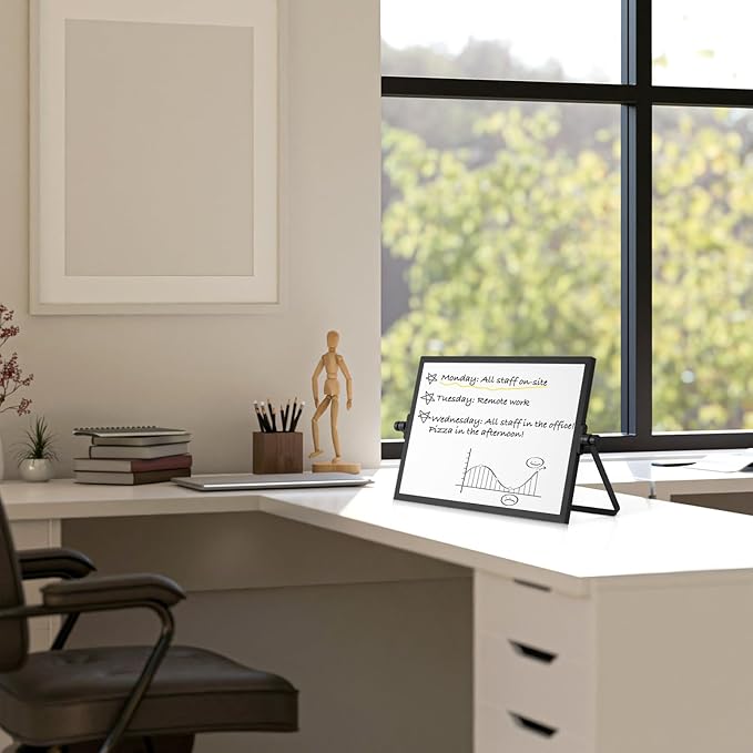 Dry Erase Magnetic White Board, 8" x 12" Black Aluminum Frame Double-Sided Desktop Whiteboard with Stand, Portable Small Whiteboard Set for Drawing, Office, Home, School