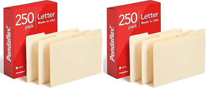 Pendaflex File Folders,Letter Size,1/3 Cut,Manila,250 per Box (752250),(Pack of 2)