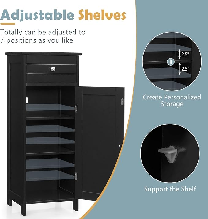 COSTWAY Bathroom Storage Cabinet, Single Door Floor Cabinet with Drawer and 3-Level Adjustable Shelves, Modern Side Storage Organizer with Anti-Tipping Device for Living Room, Bedroom (Black)