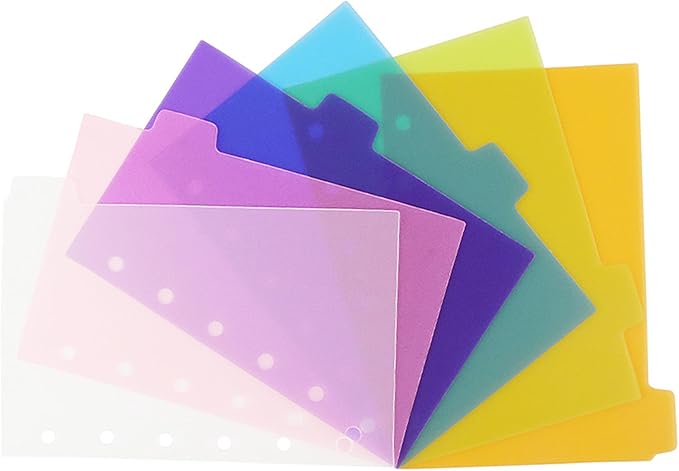 2 Pack A7 Binder Dividers 6 Tabs Bright Color Plastic Binder Index Tabs Planner Divider for Round Ring Binder Sheet Protector (Transparent, 12 Dividers)