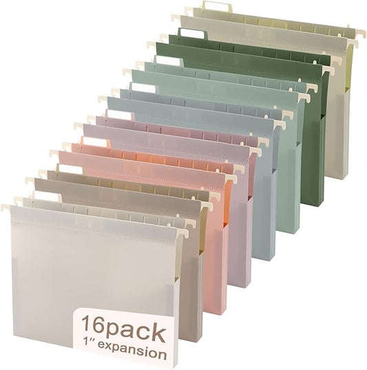 gisgfim 16 Pack Plastic Hanging File Folder Letter Size 1inch Expanding File Folders with Tabs Extra Capacity Hang Folders Heavy Duty for Filing Cabinet Designed for Bulky Files Morandi Colors