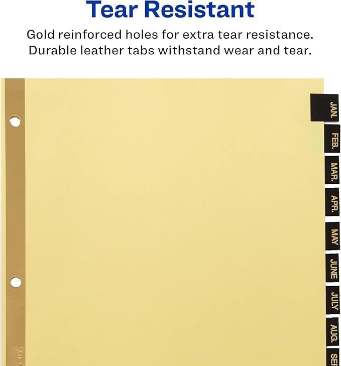 Avery Jan-Dec Dividers for 3 Ring Binders, 12 Tabs per Set, Pre-Printed Black Leather Tabs, Great for Organizing Records, Reports, Finances, and Other Important Documents (3 Sets of 26180)
