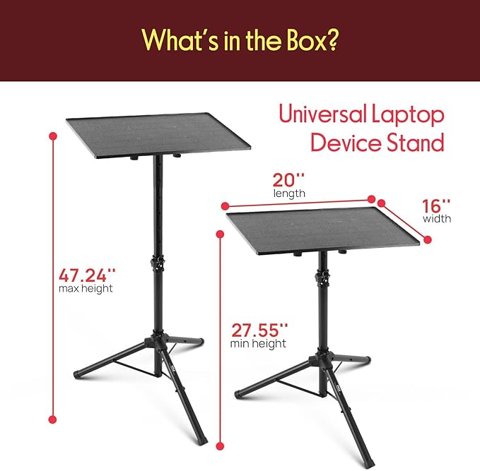 Pyle Projector Stand Tripod 28.0'' - 50.0'', Pro DJ Laptop, Easy Setup, Portable Studio Stand for Laptops, Mixers, and Projectors, Height Adjustable for Stage, Home, Studios, Stable and Versatile