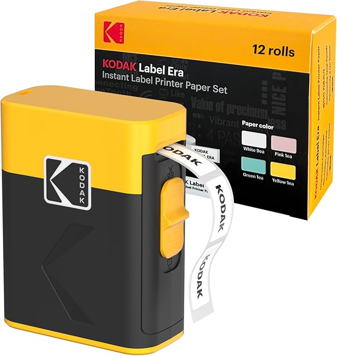 KODAK Label Maker Machine + 12-Pack Refills Bundle, Safe Blade Label Printer for Office, School & Home Organization, Yellow