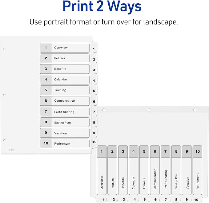 Avery Dividers for 3 Ring Binders, 10 Tabs per Set, Customizable Table of Contents, Classic White Tabs, Great for Organizing Reports, Projects, and More (3 Sets of 11077)
