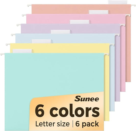 SUNEE 6 Pack Hanging File Folders,Hanging File Folders Letter Size with 1/5-cut Tabs, Assorted Macaron Colors Folders,Stay Organized for Your Home and Office Bulk File and Documents