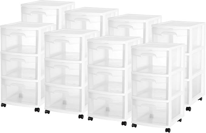 Sterilite 8 Pack Plastic Storage Organizer, 3 Drawer Rolling Bin Cart, Closet Organization, White