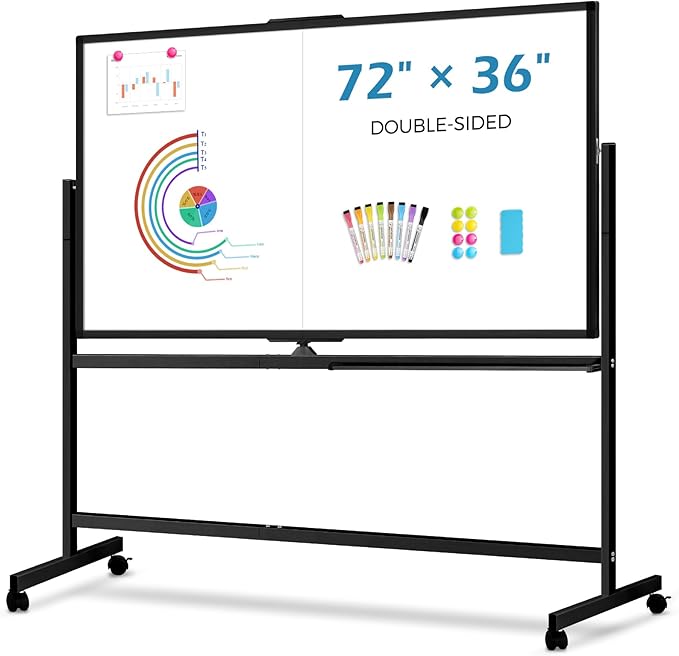 Large Rolling Whiteboard with Stand, 72" x 36" Double-Sided Mobile White Board Dry Erase, Giant Magnetic Dry Erase Board on Wheels for Office, Home & School,Black Frame