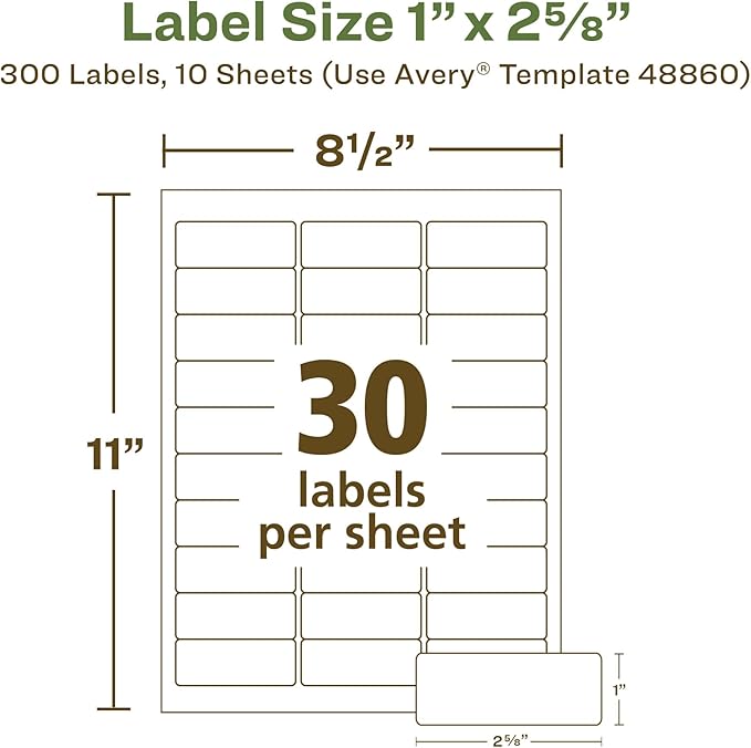 Avery EcoFriendly Recycled Address Labels, 1" x 2-5/8", White, Permanent Label Adhesive, 300 Printable Labels (48860)