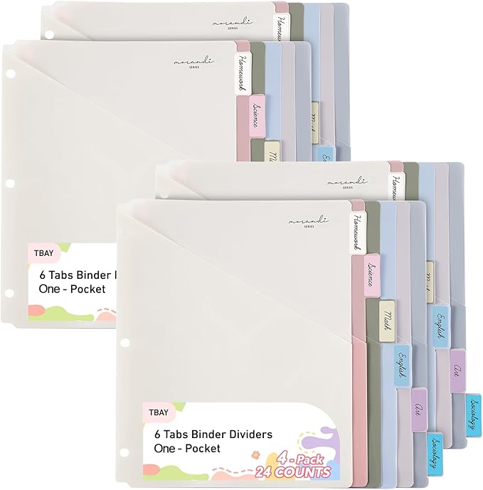 6-Tab Dividers for 3 Ring Binder, 24 Counts Binder Dividers Index with One Pocket, Letter Size 8.5 x 11'', Morandi Colors (4)