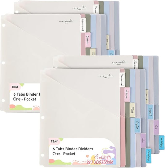6-Tab Dividers for 3 Ring Binder, 24 Counts Binder Dividers Index with One Pocket, Letter Size 8.5 x 11'', Morandi Colors (4)