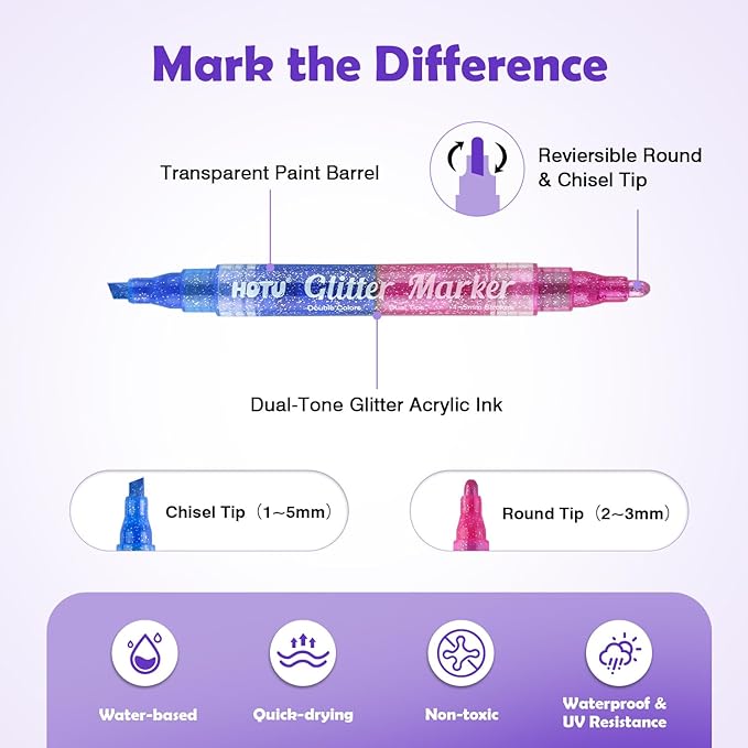Glitter Markers Pens, 16 Colors Glitter Acrylic Paint Pens, Sparkly Metallic Dual-Tone Reversible Smooth Tips Shimmer Marker 8 Count for Coloring, Rock Painting, Wood, Fabric, DIY Craft