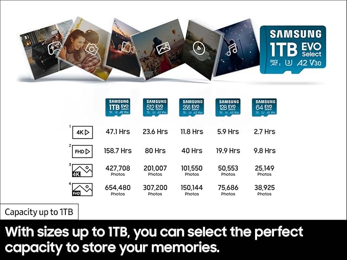 Samsung EVO Select microSDMemory Card + Adapter, 256GB microSDXC, Up-to 160 MB/s, 4K UHD, UHS-I, C10, U3, V30, A2, for Mobile Phone, Smartphones, Nintendo-Switch, and Tablets (MB-ME256SA/AM)