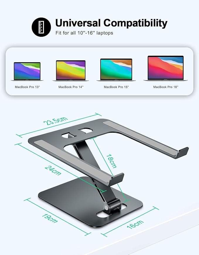 Foldable Laptop Stand, Height Adjustable Ergonomic Computer Stand for Desk, Aluminum Portable Laptop Riser Notebook Mount Compatible with MacBook Pro Air, HP, Dell 10-16" (Gray)