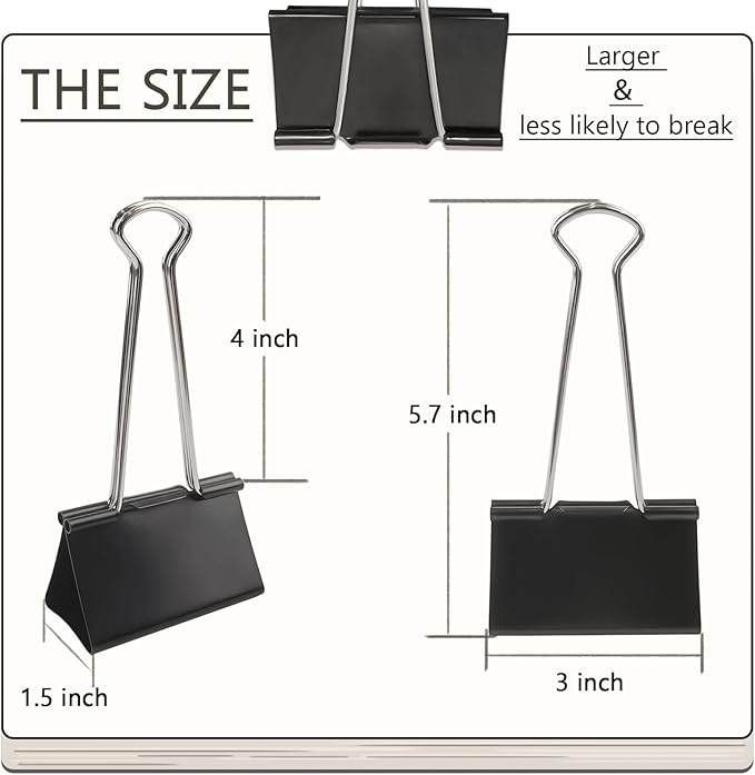 3-Inch Extra-Large DSTELIN Binder Clips - Heavy-Duty Black Paper Clamps, 75mm Width, 8-Count Set for Office Organization