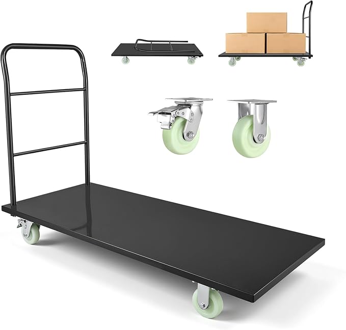 VEVOR 2000 LBS Heavy Duty Platform Truck, Upgraded Version with Larger Deck (60" x 28"), Industrial Steel Flatbed Cart with Swivel Wheels, Push Cart Dolly for Warehouse/Garage/Moving/Garden