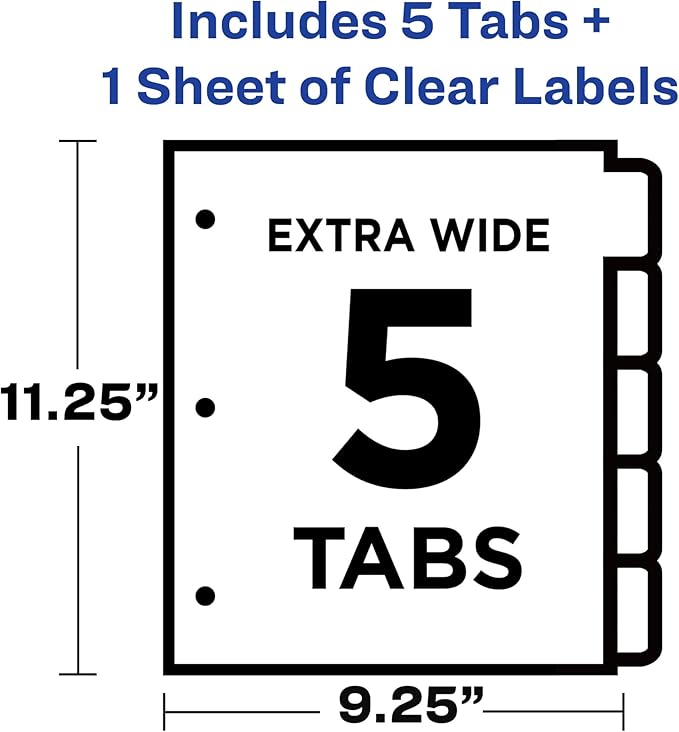 Avery 5-Tab Extra Wide Binder Dividers, Easy Print & Apply Clear Label Strip, Index Maker,White, 1 Set (11438)