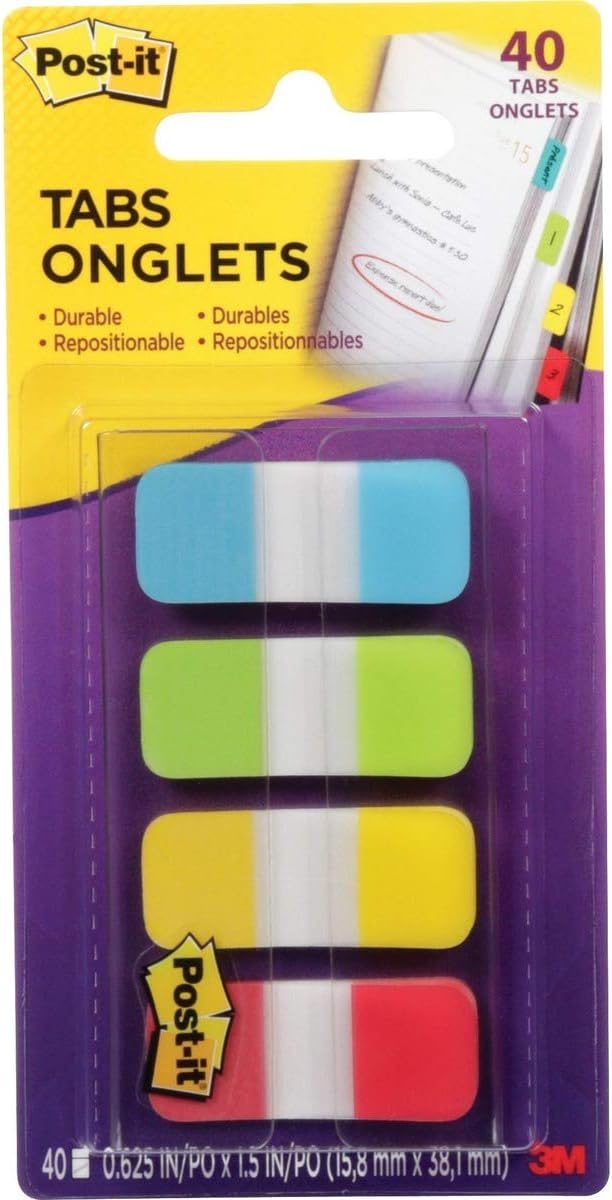 Post-it Tabs.625 in. Solid, Aqua, Lime, Yellow, Red, Durable, Writable, Repositionable, Sticks Securely, Removes Cleanly, 10/Color, 40/Dispenser, (676-ALYR) (4)