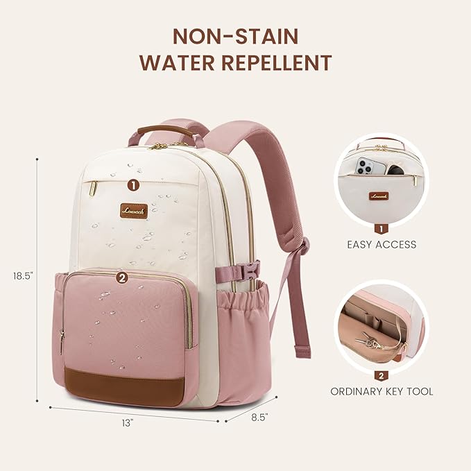 LOVEVOOK Laptop Backpack for Women with Pouch Pocket for Large Capacity Cup,17 Inch Teacher Nurse College Work Backpack Purse,Waterproof Laptop Bag Computer Back Pack for Travel, Beige-Pink-Brown