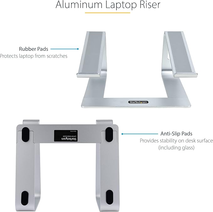StarTech.com Laptop Stand for Desk, Supports 5kg/11lb, Aluminum, Silver, Ergonomic Laptop Riser, Portable Laptop Holder, Computer Stand for MacBook Air/Pro, Dell XPS, Lenovo (Laptop-Stand-Silver)