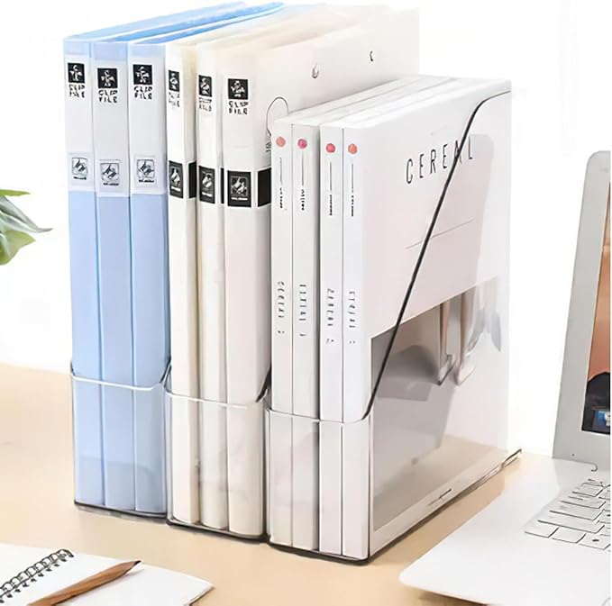 2 Pack Vertical File Holder Clear PET Desk Organizer and Storage Bins Holding for Magazines Binders Notebooks Envelopes File Organizer for Desk Multi-purpose Plastic Document Organizer Work Desktops