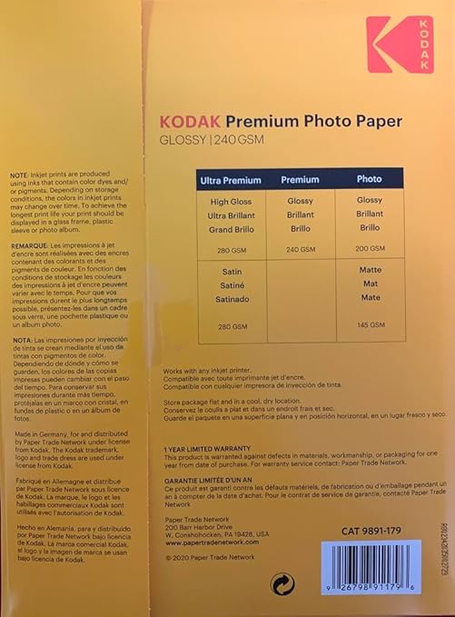 Kodak Premium photo paper 8.5 x 11 glossy, 25 count 64 lb - 240 gsm (41173-9891178