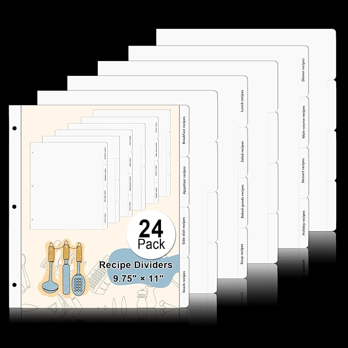 Recipe Dividers for 3 Ring Binder Set 9 3/4”×11” Black and Pre-Printed Recipe Binder Dividers Recipe Organizer Personalized Family Recipe Binder (24)