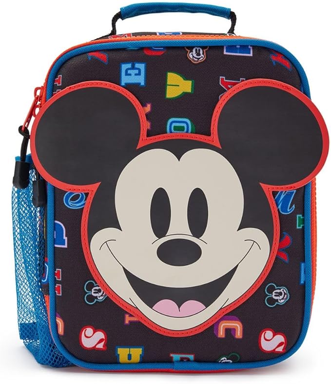 Disney Store Official Mickey Mouse Letters Insulated Lunch Box - Mickey Mouse Lunch Bag for Kids with Double Zip Pull, Embroidered Details, Screen Art, Mesh Pocket, ID Label - Perfect for School