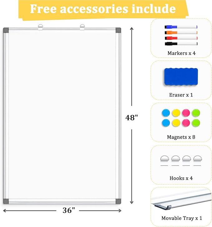 Double-Sided Magnetic Whiteboard, 48" x 36" Large Dry Erase Board Aluminum Frame for Wall, Large White Board Marker Board for Kitchen, Memo, School, Home, Office